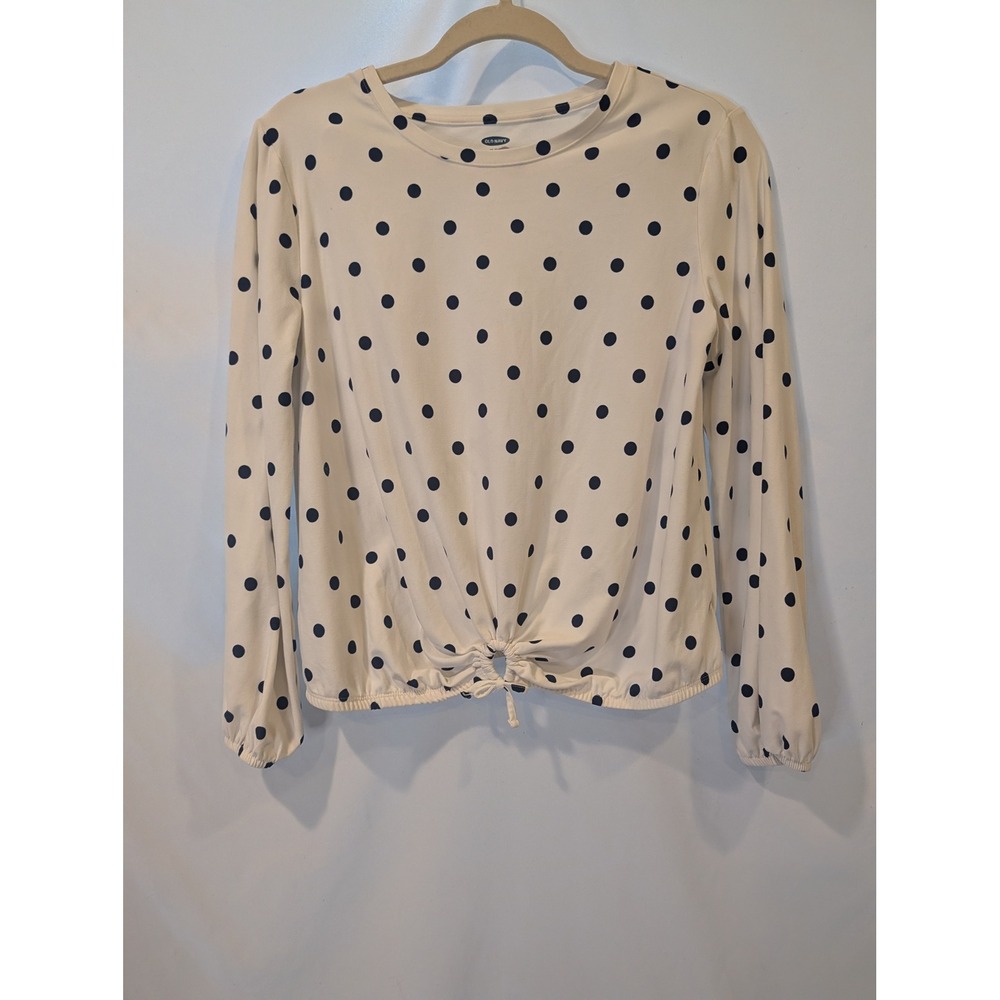 Old Navy Kids Girls XL 14 Polka Dot Long Sleeve Tie Front Top Navy Blue White